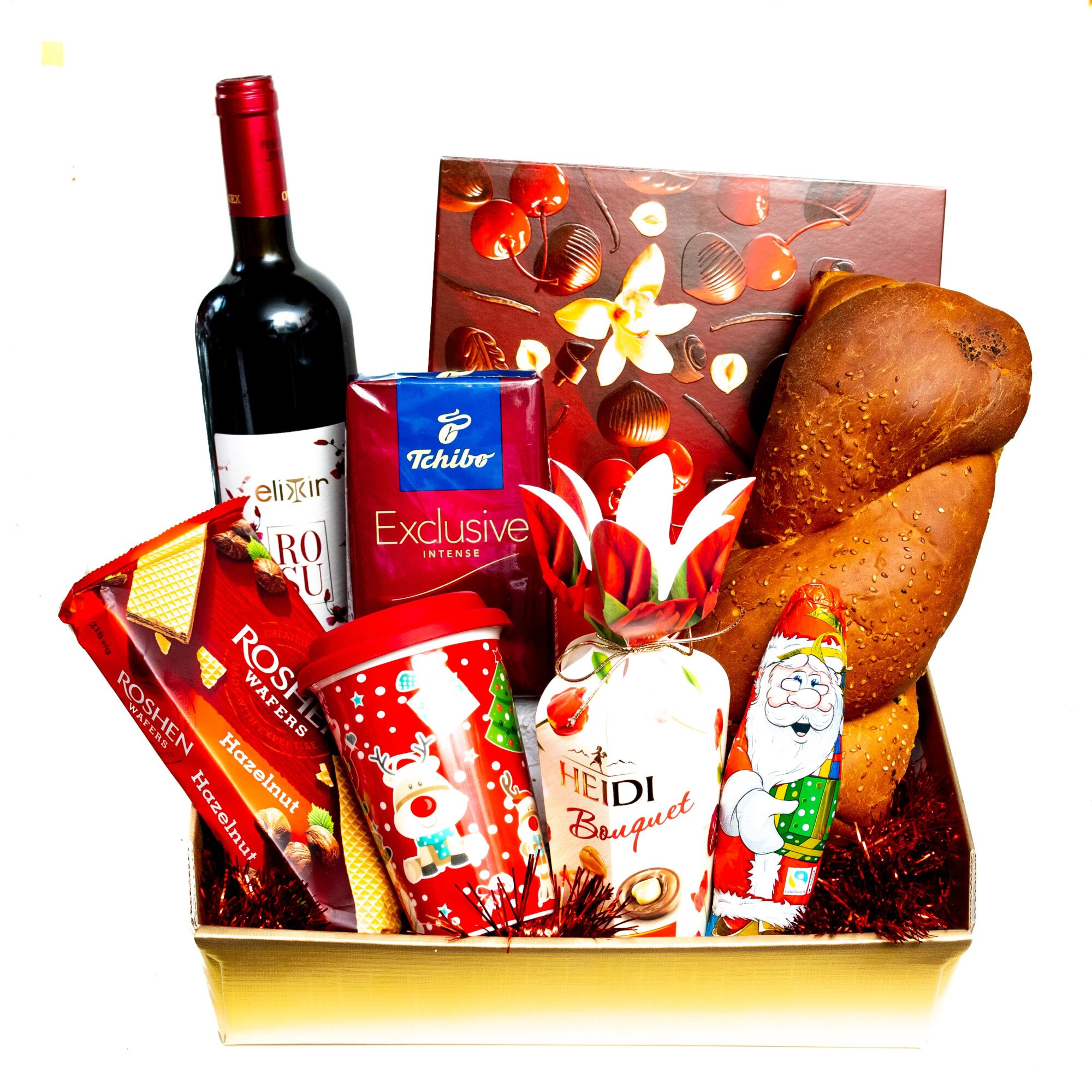 Cos Cadou de Craciun, deLuxe, cu Cozonac, Vin, Cafea si Dulciuri, Cana Cadou, Auriu